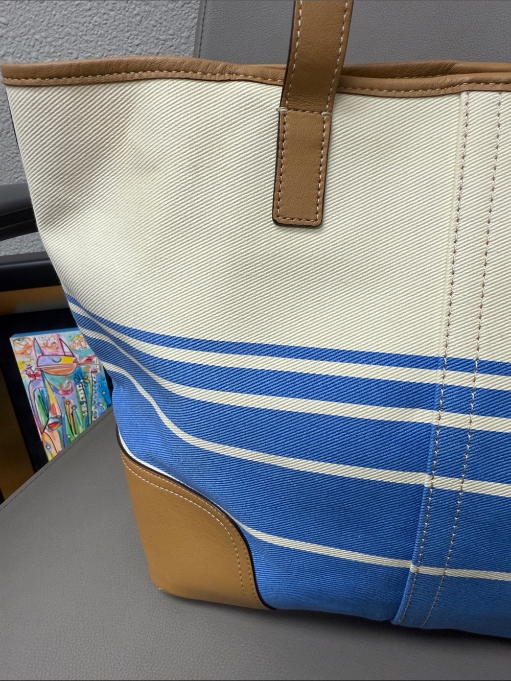 Coach Hadley Blue & Cream Striped Canvas Tote/Duffle with Tan Leather Trim - Picture 4 of 11